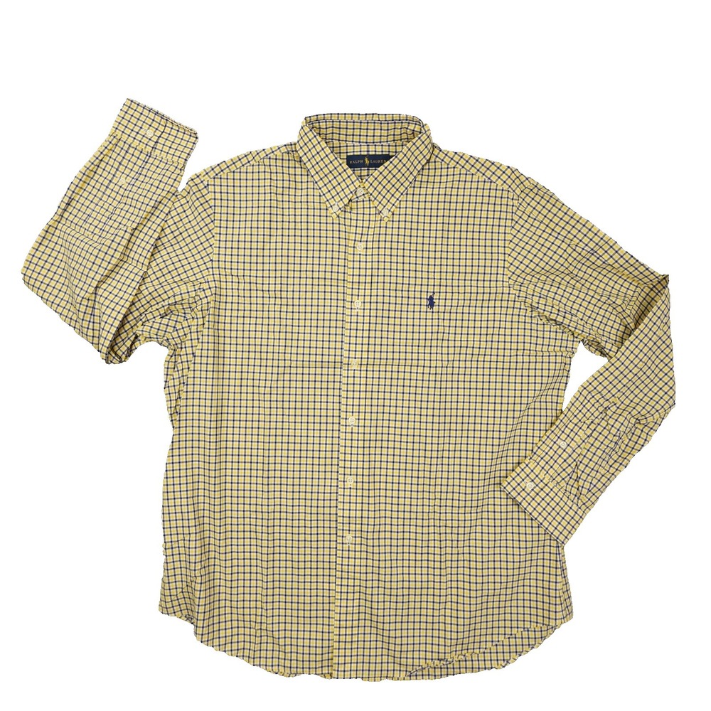Ralph Lauren Button Up Shirt Men's XL Navy Blue Yellow Plaid Long Sleeve Preppy - Picture 1 of 8